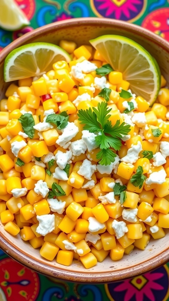 A vibrant bowl of Mexican street corn salad with corn, cotija cheese, cilantro, and lime wedges.